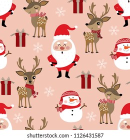 Cute Christmas holidays cartoon seamless pattern and background. Santa Claus, deer, snowman and gift vector.