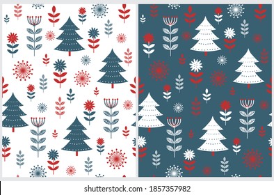 Cute Christmas Holidays Seamless Vector Patterns Set. Scandinavian Style Winter Forest Print ideal for Fabric, Christmas Decoration. Flowers and Trees on a White and Tidewater Green Background.