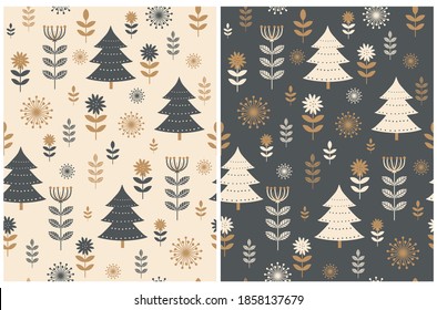 Cute Christmas Holidays Seamless Vector Patterns Set. Scandinavian Style Winter Forest Print ideal for Fabric, Christmas Decoration. Flowers and Trees on a Sail Champagne and Dark Gray Background.