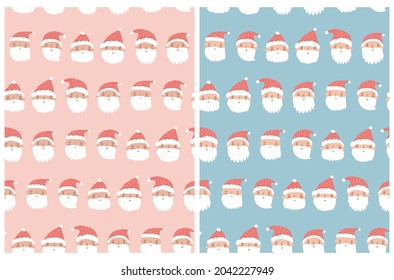 Cute Christmas Holidays Seamless Vector Patterns.Infantile Style Winter Holidays Print with Funny Smiling Santa Claus Isolated on a Pink and Blue Background Ideal for Fabric, Christmas Decoration. 