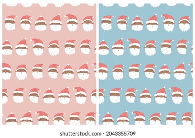 Cute Christmas Holidays Seamless Vector Patterns.Infantile Style Winter Holidays Print with  Santa Claus Isolated on a Pink and Blue Background Ideal for Fabric, Christmas Decoration.  