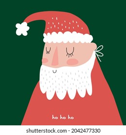 Cute Christmas Holidays Vector Illustration. Infantile Style Winter Holidays Print with Funny Smiling Santa Claus Isolated on a Dark Green Background Ideal for Card,Wall Art, Christmas Decoration.