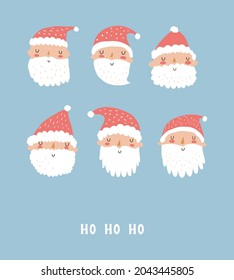 Cute Christmas Holidays Vector Illustration. Infantile Style Winter Holidays Print with Funny Smiling Santa Claus Isolated on a Light Blue Background Ideal for Card,Wall Art, Christmas Decoration. 