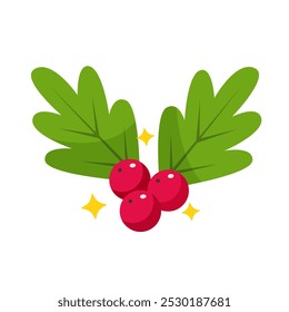 Cute Christmas holly leaves and berries with sparkles isolated on white background.