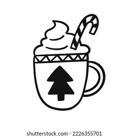 Cute Christmas hot chocolate drink cup hand drawn doodle element isolated on white. Vintage style Vector Illustration