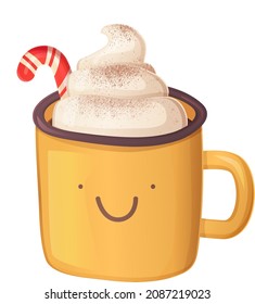 Cute christmas hot chocolate with whipped cream and cocoa powder in realistic cartoon style
