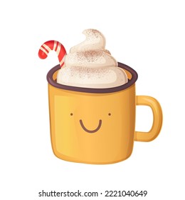 Cute christmas hot chocolate with whipped cream and cocoa powder in realistic cartoon style