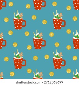 Cute Christmas Hot Cocoa Pattern with Red Mug, Gingerbread, Whipped Cream, and Candy on Blue Background