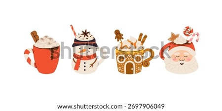 Cute Christmas hot drinks collection, winter coffee, cocoa, and tea in festive mugs with whipped cream, marshmallows, and holiday decorations. Vector flat cartoon illustration.