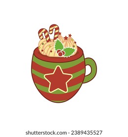 Cute Christmas hot drinks cup with cocoa, hot chocolate with whipped cream, candy cane. Flat mug illustration in cozy color. Funny sticker for cards, menu or poster design.