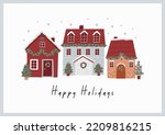 Cute Christmas House with decor. New Year and Christmas attributes vector flat illustration. Traditional winter holidays.
