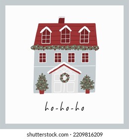 Cute Christmas House with decor. New Year and Christmas attributes vector flat illustration. Traditional winter holidays.