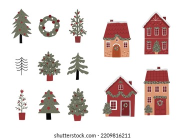 Casa de Navidad con decoración. New Year y Christmas atributos vectorial ilustración plana. Las tradicionales vacaciones de invierno.