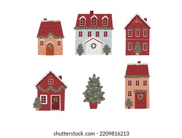 Cute Christmas House with decor. New Year and Christmas attributes vector flat illustration. Traditional winter holidays.