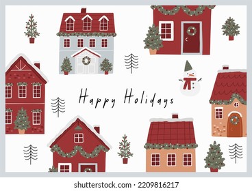 Cute Christmas House with decor. New Year and Christmas attributes vector flat illustration. Traditional winter holidays.