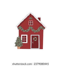 Cute Christmas house decor. New Year and Christmas house - vector flat illustration. Traditional winter holidays.