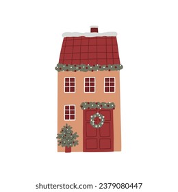 Cute Christmas house decor. New Year and Christmas house - vector flat illustration. Traditional winter holidays.