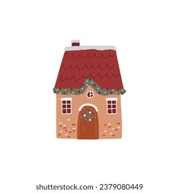 Cute Christmas house decor. New Year and Christmas house - vector flat illustration. Traditional winter holidays.