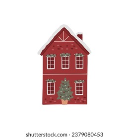 Cute Christmas house decor. New Year and Christmas house - vector flat illustration. Traditional winter holidays.