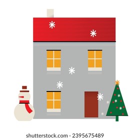 Cute Christmas House with decor. New Year and Christmas attributes vector flat illustration. Traditional winter holidays.
