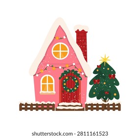 Cute Christmas house with a decorated tree, wooden fence, snow and festive wreath. Cozy winter holiday home isolated on white background. Flat vector illustration.