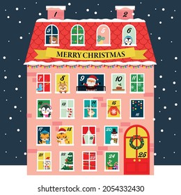 Cute Christmas house style advent calendar. Flat vector cartoon design