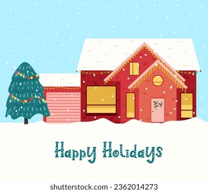 Cute Christmas house. Winter village. Decorated House town. Season`s Greetings.