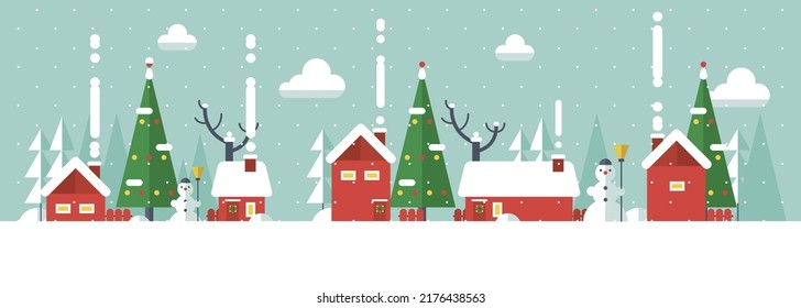 Cute Christmas houses, city buildings. Cosy town panorama with  home exteriors. Urban street with chimneys, smoke. Flat vector illustration isolated on white background.