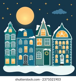 Cute Christmas houses, city buildings in Scandinavian style. Cozy winter town panorama with home exteriors. Urban street with chimneys. Stock Flat vector illustration.