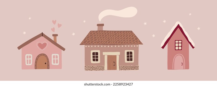 Cute Christmas Houses with decor. New Year and Christmas attribute vector flat illustration. Traditional winter holidays.