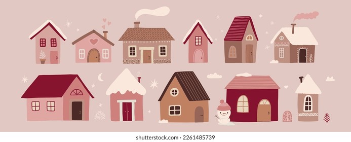 Cute Christmas houses. Sweet homes. Decorated houses town. Seasons Greetings.