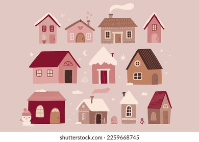 Cute Christmas houses. Winter village. Decorated Houses town.