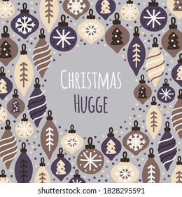 Cute Christmas Hugge frame background with hand drawn Christmas balls and confetti for your decoration