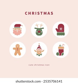 cute christmas icon with santa,reindeer,mitten,gingerbread man,elf,stocking