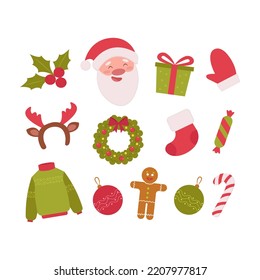 Cute Christmas icon set in cartoon style. Vector illustration isolated on white background