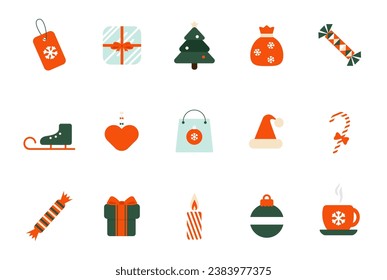 Cute christmas icon set. Cartoon Christmas collection. Christmas decorations in flat design. Collection holiday red green symbols. Sticker set. Set of Christmas symbols. Emoji