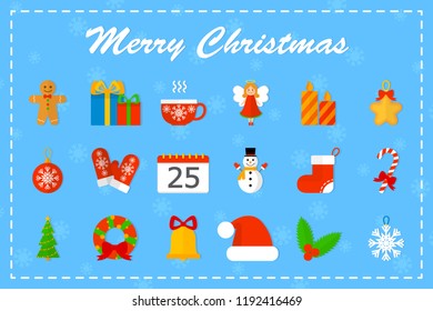 Cute christmas icon set. Collection of new year stuff with candy and tree, gift and bell. Merry xmas concept. Vector flat illustration