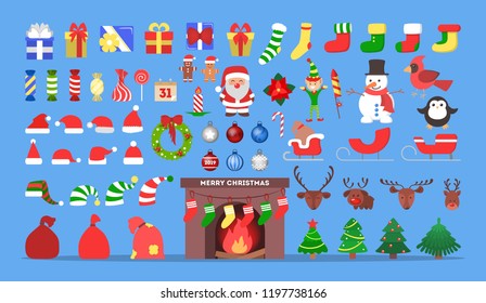 Cute christmas icon set. Collection of new year decoration stuff with candy and tree, gift and candy. Merry xmas concept. Santa Claus in red clothes. Vector flat illustration