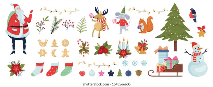 Cute christmas icon set. Collection of new year decoration stuff. Christmas tree, gift, bells, ginger bread. Santa Claus in red clothes. Raindeer, New Year rat and squirrel. Vector illustration