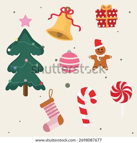 Cute Christmas Icon set- tree, Bell, Candy and Decoration