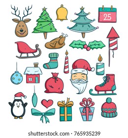 cute christmas icons collection with colored doodle style