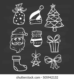 cute christmas icons collection using doodle art on chalkboard background