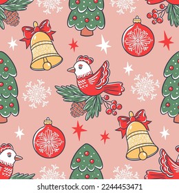 Cute Christmas icons, seamless pattern with hand drawn illustrations