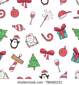 cute christmas icons in seamless pattern with colored hand drawn style