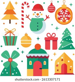 Cute Christmas Icons Set  Snowman, Gifts, Ornaments, Trees and Holiday Elements Vector Illustration