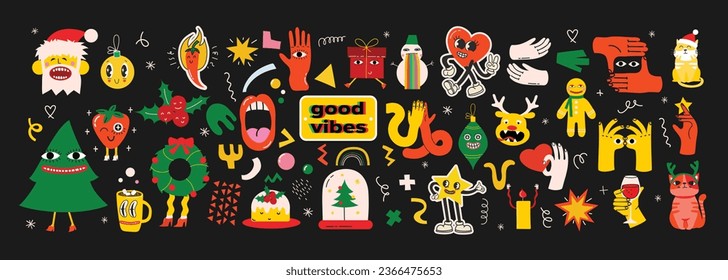 Cute Christmas icons and stickers. Collection of Christmas decorations, holiday gifts, cats, trees and gifts. Vector illustration, stickers and elements for Christmas and New Year.