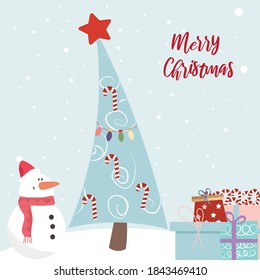 Cute christmas illustration with cartoon elements. Snowman with presents.