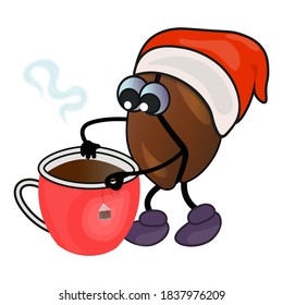 Cute christmas illustration with coffee bean wearing santa claus hat with red mug .
 Vector isolated design.