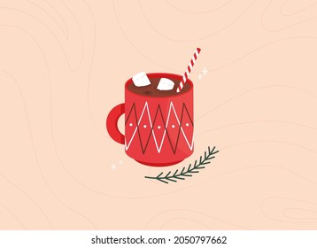 Cute Christmas illustration with a cup of cocoa with marshmallows