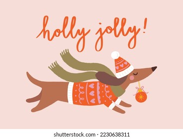 Cute Christmas Illustration With Dachshund In Red Knitted Sweater And Long Green Scarf. Holiday Graphic With Handwritten Phrase „Holly Jolly”. Ideal For Greeting Card Design.